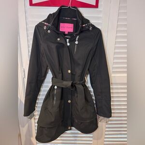 Betsey Johnson Black Belted Hooded Softshell Coat Pink Label Heart Zipper M